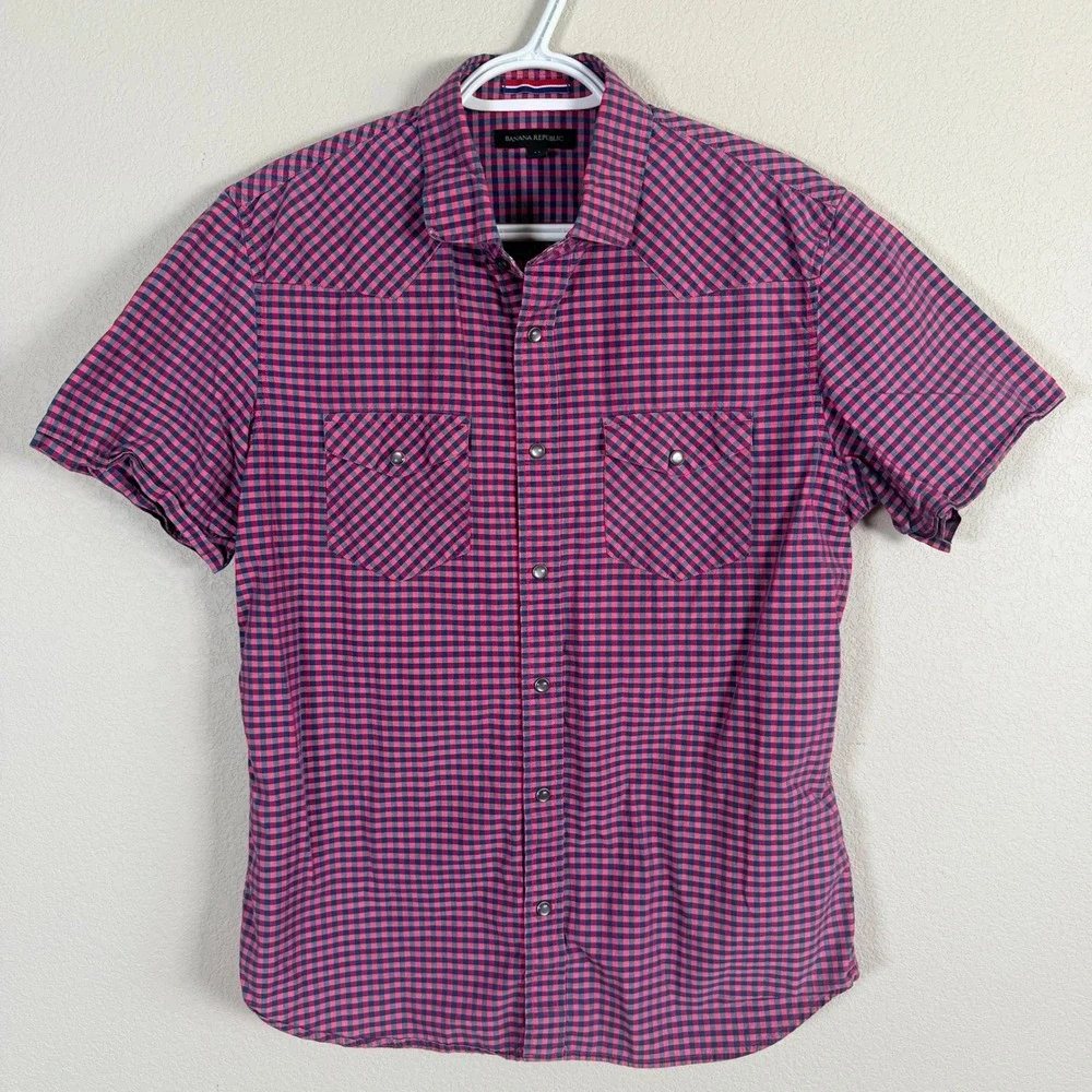 Banana Republic Pearl Snap‎ Western Shirt Mens M Pink Gingham Stretch S/S
